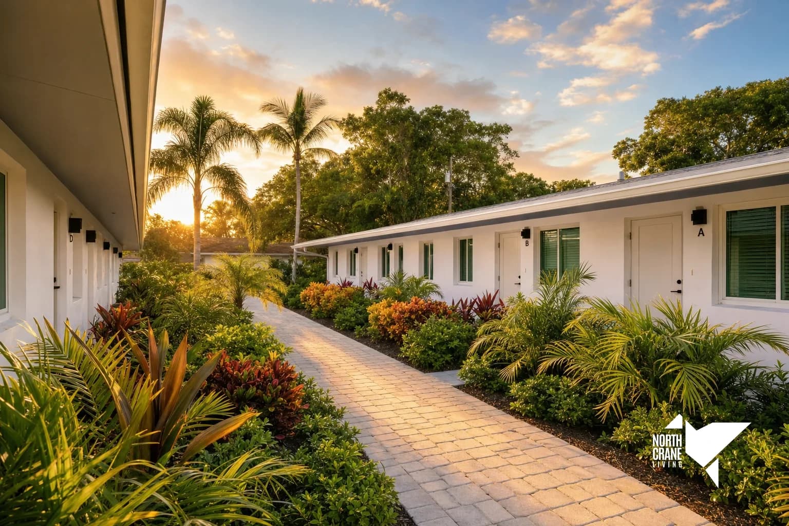 Late-afternoon light along the landscaped courtyard walkway at The Shoreline at 19th